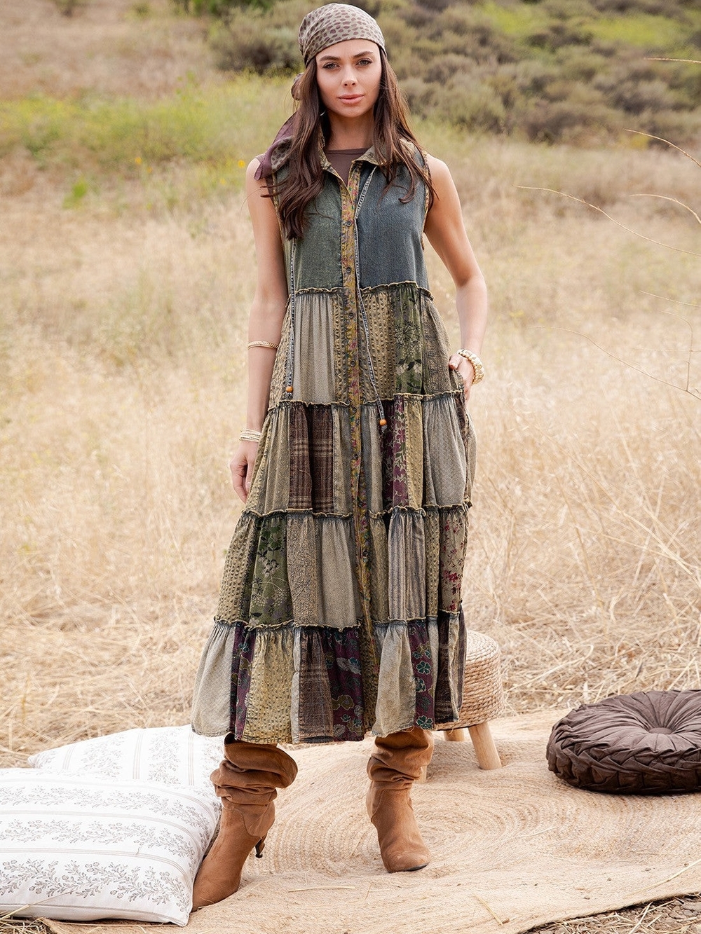 Tiered Patchwork Maxi Dress in Olive and Earth Tones